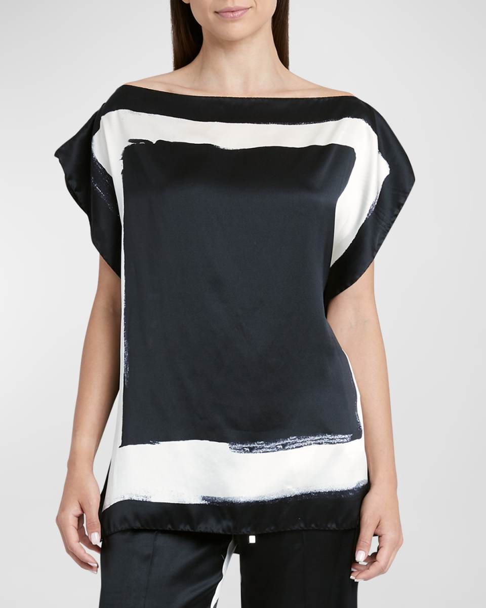 High-Neck Border-Print Silk Top